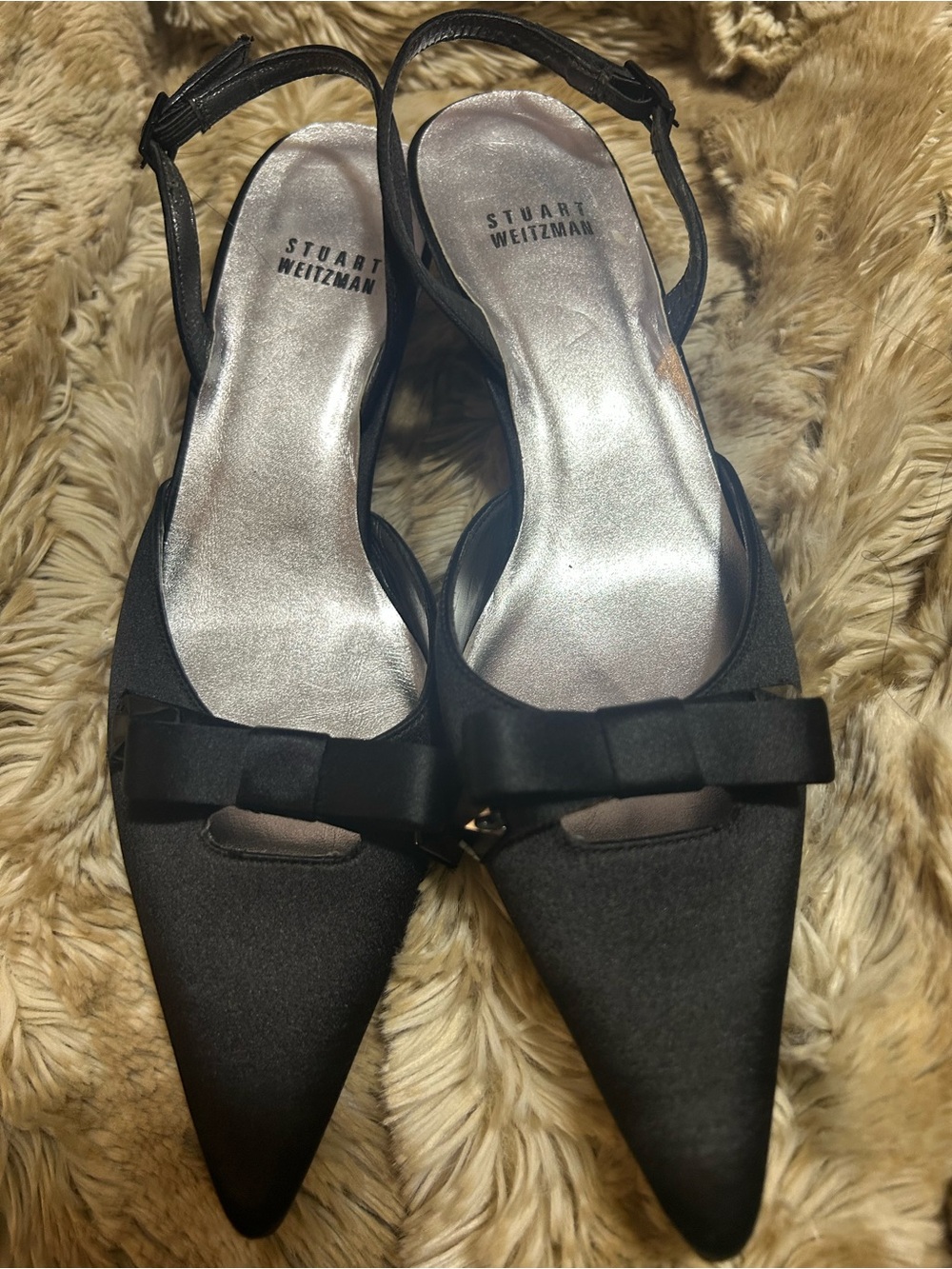 Stuart Weitzman Black Pointed Slingback Bow Flats